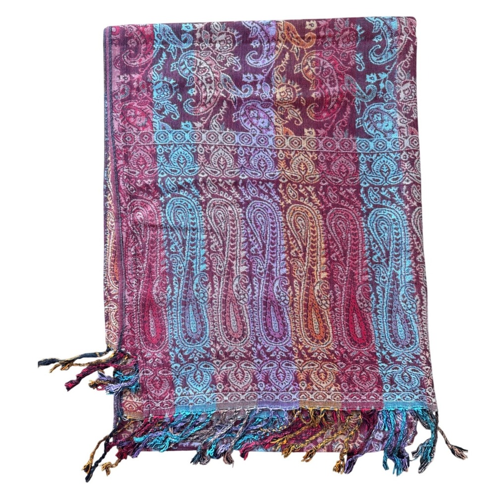 Paisley Pashmina Scarf Women OS Multicolor Boho Fringe Shawl Wrap NWOT